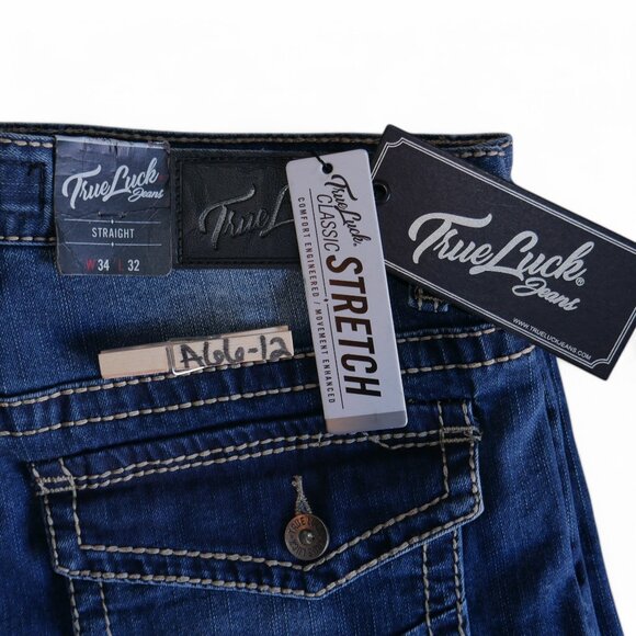 True Luck Straight Leg Jeans Dark Wash Denim Thick Stitch Men's Size 34x32 BKE - Picture 6 of 9